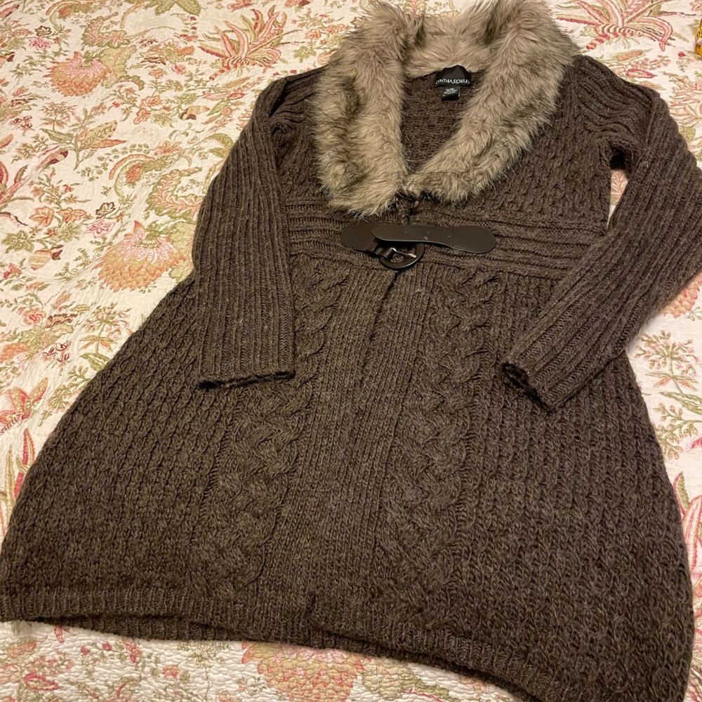 Cynthia Rowley Brown Knit Cardigan with Faux Fur Collar